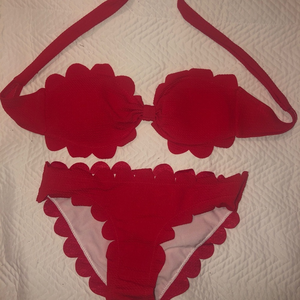 red scalloped bathing suit